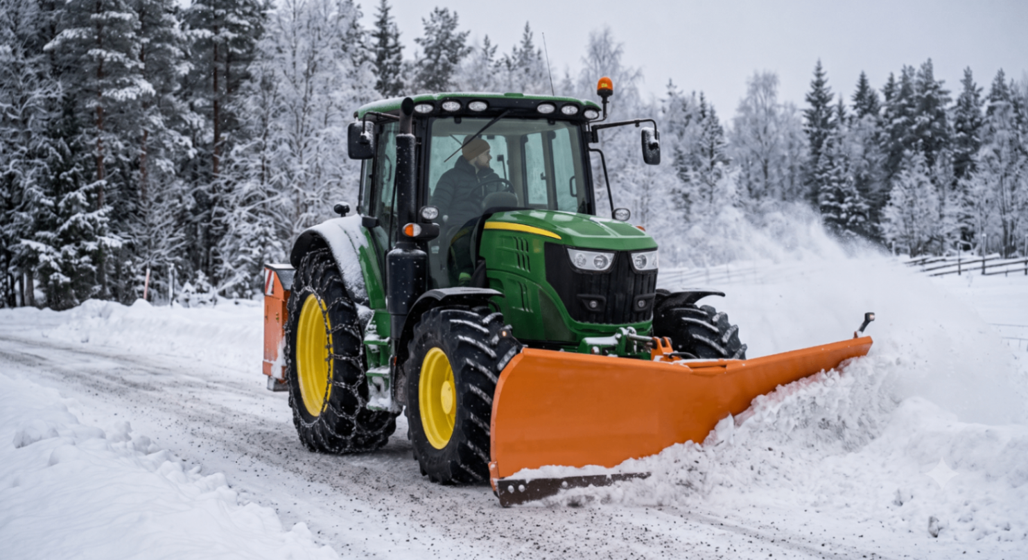 Traktor med plog som snöröjer vinterväg