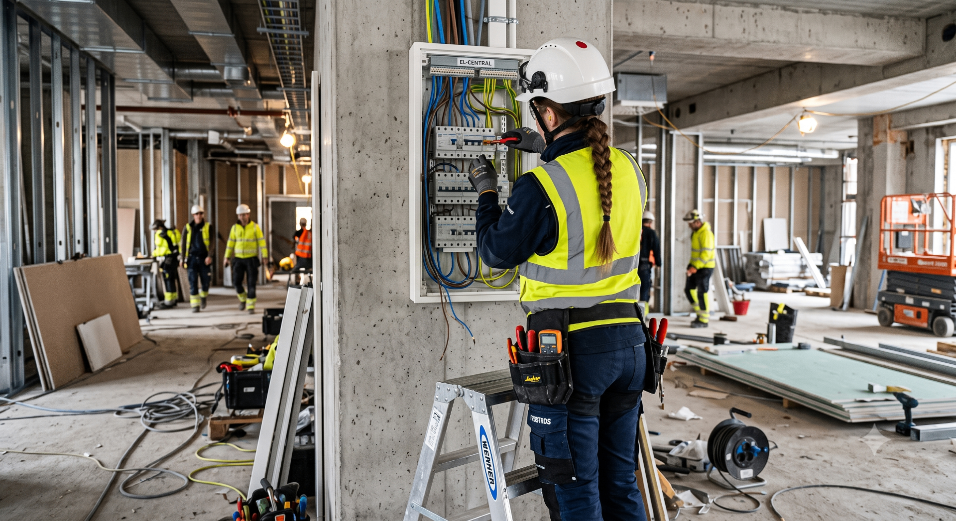 Elektriker som arbetar med elcentral på byggarbetsplats